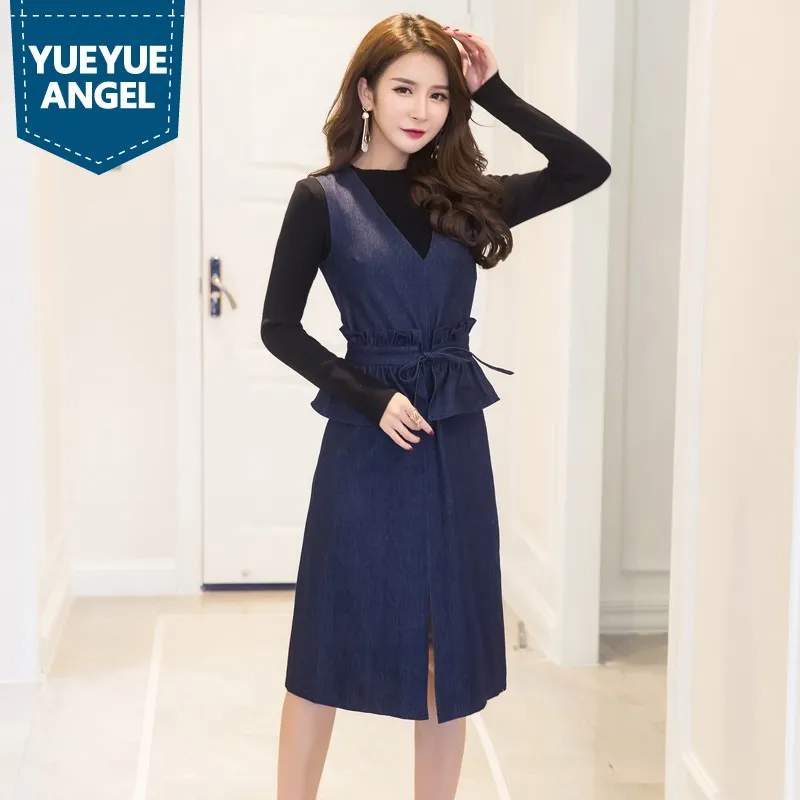 Women Spring New Ruffles Slim Waist Denim Knee Length Dress Black Sweater Pullover Female Two Piece Set Office Ladies Work Suits
Women Spring New Ruffles Slim Waist Denim Knee Length Dress Black Sweater Pullover Female Two Piece Set Office Ladies Work Suits
