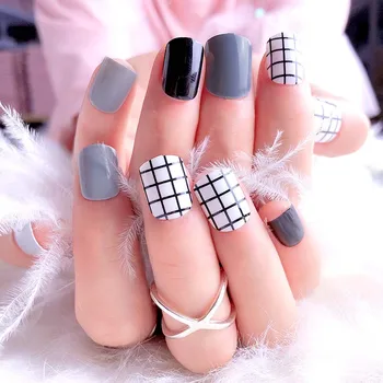 Wholesales 24Pcs False Nails With glue Shiny Black Grey lattice Designs Acrylic artificial nails Grid Hybrid fake Nails Tips
Wholesales 24Pcs False Nails With glue Shiny Black Grey lattice Designs Acrylic artificial nails Grid Hybrid fake Nails Tips