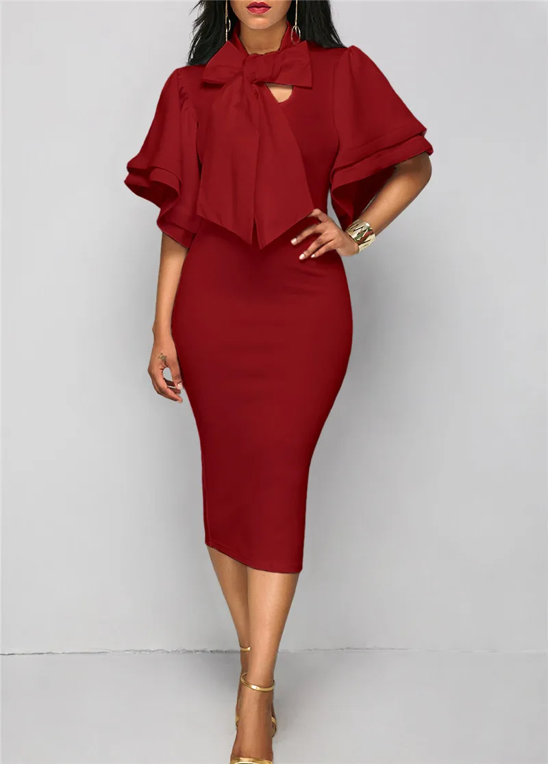 Women Elegant OL Bandage Bodycon Double Layer Short Flare Sleeve Dress Lace-up Bow Party Formal Clubwear Mid-calf Pencil Dress
Women Elegant OL Bandage Bodycon Double Layer Short Flare Sleeve Dress Lace-up Bow Party Formal Clubwear Mid-calf Pencil Dress