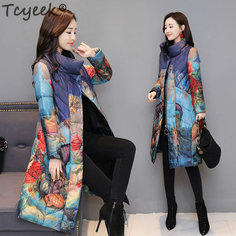 Tcyeek Winter Jacket Women White Duck Down Coat Female Long Jackets Thick Warm Parka Print clothes 5XL Clothes LWL1335 | Женская одежда