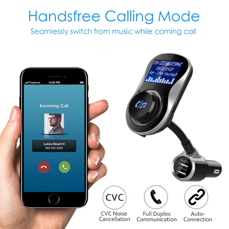 Cunymagos Bluetooth Car Kit FM Modulator Bluetooth FM Transmitter Aux Out Handsfree Car MP3 Player 5V 3.4A 2-USB Charger with TF Card Slot (16)