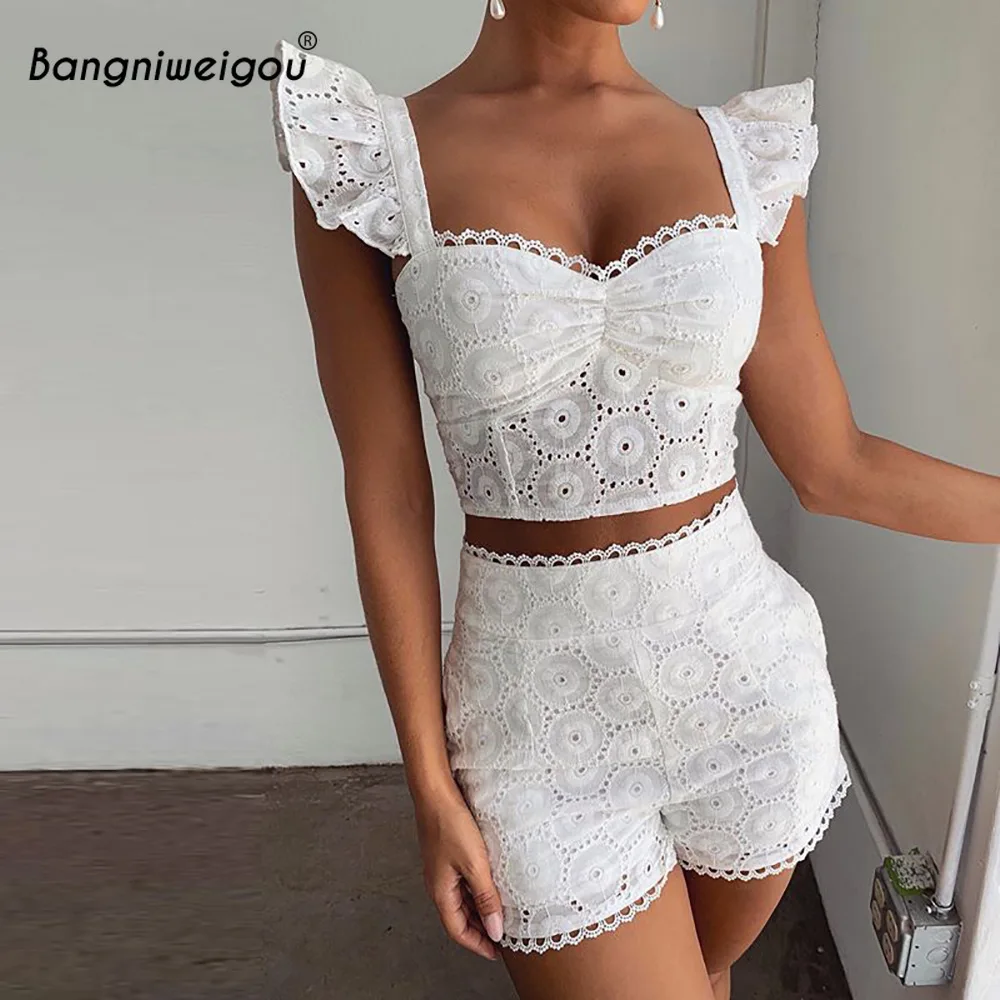 

Bangniweigou Fly Sleeve Crop Top Lace Eyelet Shorts Set Two Piece Pants Set Summer Flowy Beach White Outfits Sweet Shorts 2PC