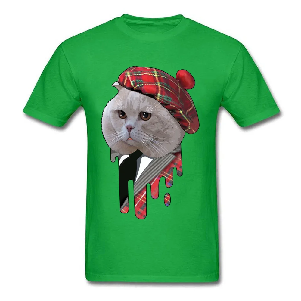 Hip hop Scottish cat Round Collar T Shirts VALENTINE DAY Tops & Tees Short Sleeve for Men Cheap 100% Cotton Cool T-shirts Scottish cat green