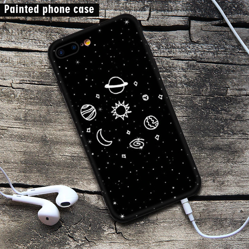 Black TPU Matte Case For iPhone XS Max XR 7 6 S 6S 8 Plus X 10 Thin Silicone Phone Cases Cat Pet Planet Painting Patterned Cover