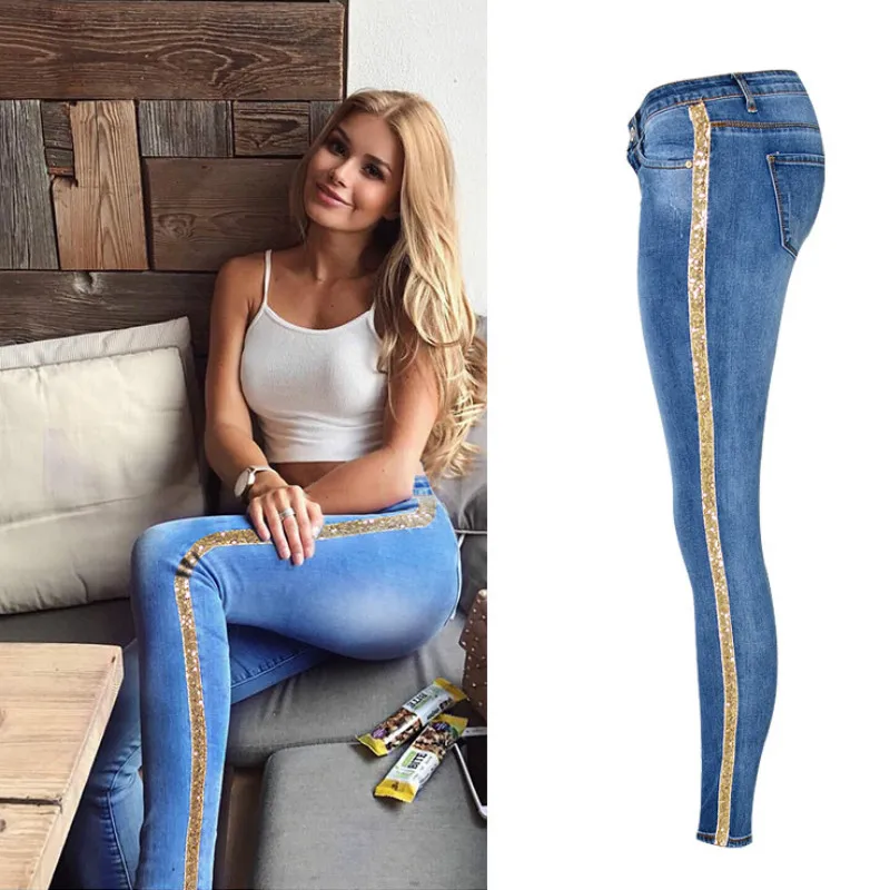 Low Waist Fashion Side Stripe Skinny Jeans Women Slim Embroidered Gold Sequin Vaqueros Mujer High Street Push Up Calca Denim
Low Waist Fashion Side Stripe Skinny Jeans Women Slim Embroidered Gold Sequin Vaqueros Mujer High Street Push Up Calca Denim