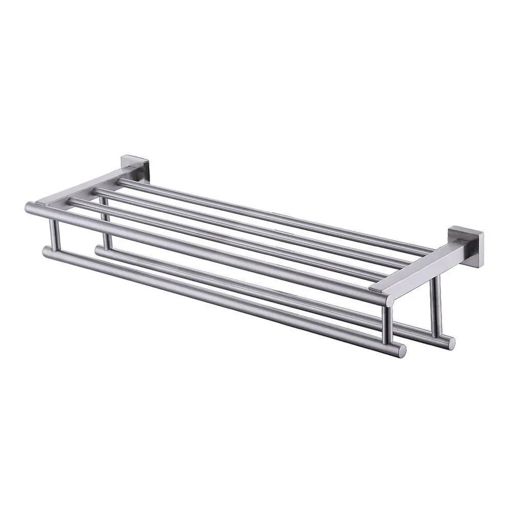 

Brushed Finish Bathroom Bath Towel Rack with Double Towel Bar 24-Inch Wall Mount Shelf Rustproof Stainless Steel