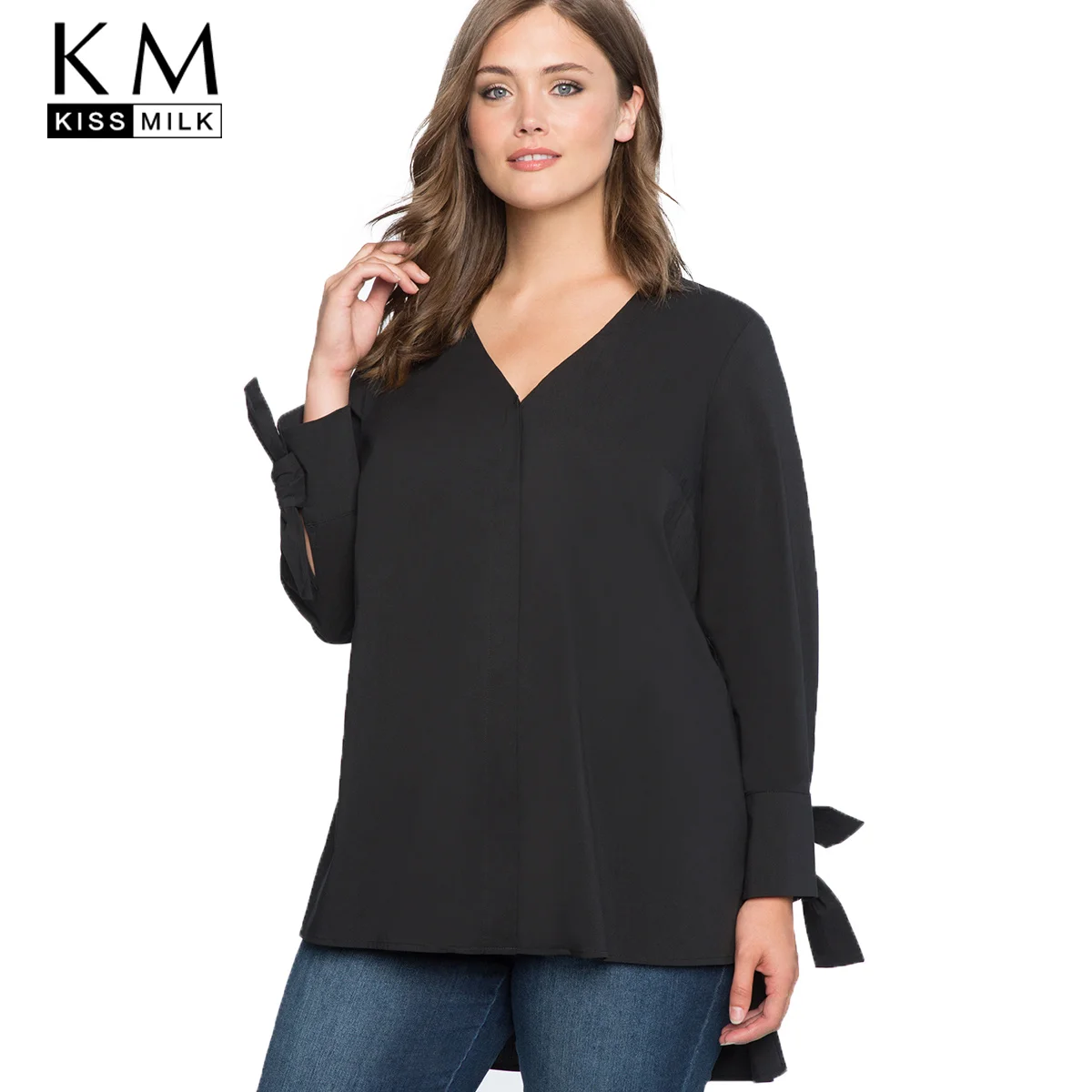kissmilk 2020 Plus Size Solid Black V-neck Women Shirts Full Sleeve Lace Up Split Bow Female Clothing Sexy Lady Big Tops | Женская
