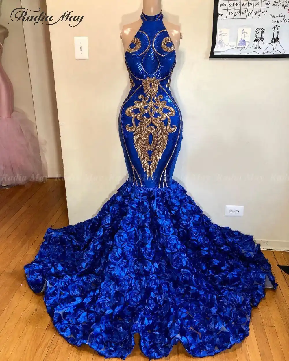 Royal Blue and Gold Sequin 3D Rose 