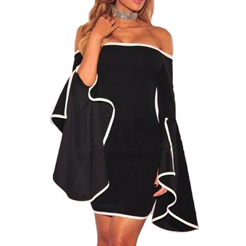 2019 Women fashion solid big flared sleeve Summer ladies Elegant party bodycon mini dress Off shoulder long sleeve Sexy clothes
2019 Women fashion solid big flared sleeve Summer ladies Elegant party bodycon mini dress Off shoulder long sleeve Sexy clothes