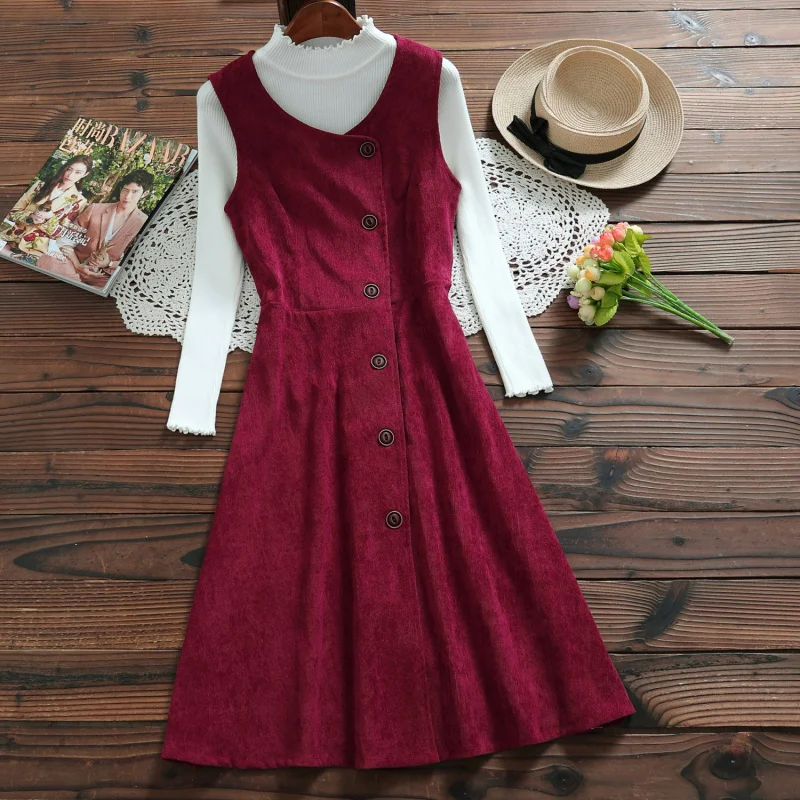 Burgundy Solid Color Vintage Dress New Autumn Winter Women Sleeveless Vest Button Corduroy Dresses Mori Girl Style Sundress | Женская