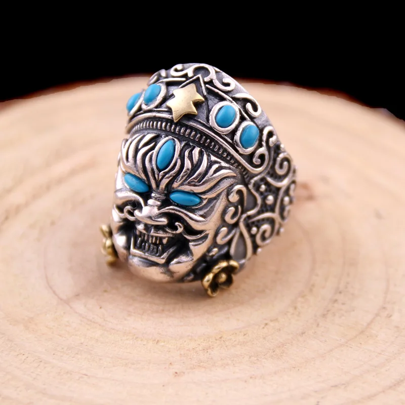 

100% 925 Sterling Silver Fashion Jewelry Retro Thai Silver Domineering Personality Men's Light Body Tiger Head Wide Face Ring
