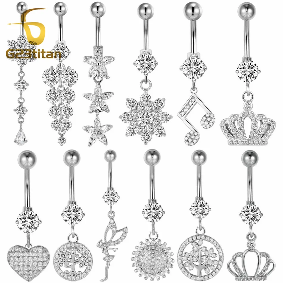 

Silver Plated Body Jewelry Zircon Dangle Belly Button Rings 16G Titanium Navel Earring Bellybutton Piercing Women Accessories