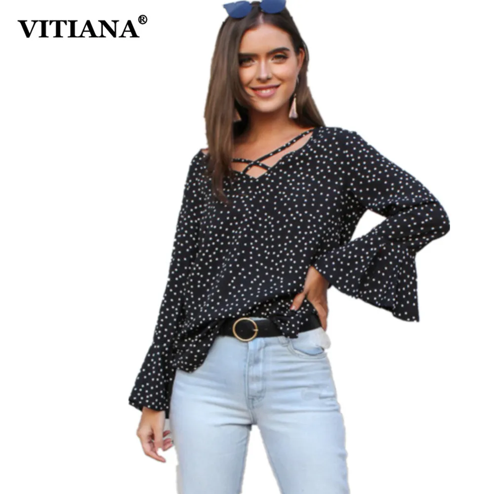 VITIANA Women Long Flare Sleeve Black White Polka Dot Chiffon Blouse Tops Female 2018 Summer Autumn Fashion Elegant Loose Shirts
VITIANA Women Long Flare Sleeve Black White Polka Dot Chiffon Blouse Tops Female 2018 Summer Autumn Fashion Elegant Loose Shirts