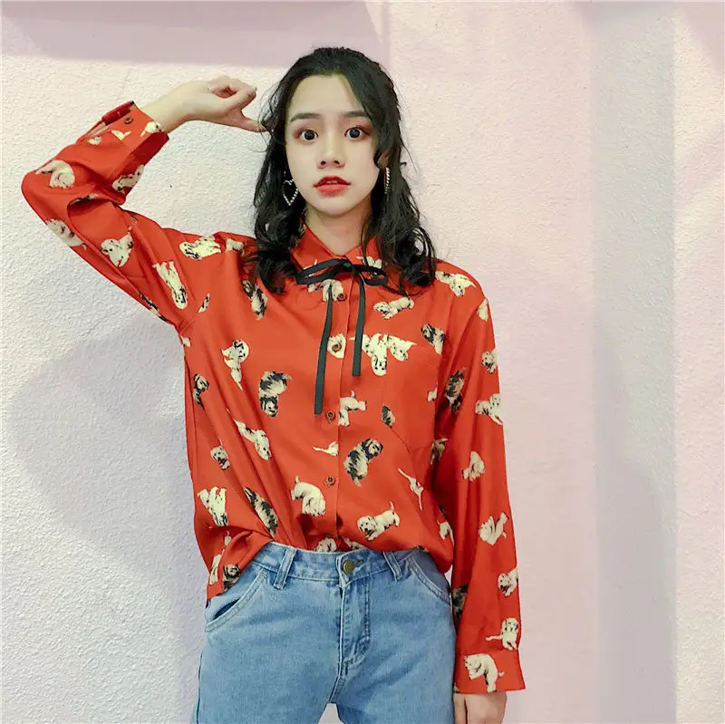 2018 Vintage Women Autumn Chiffon Blouse Long Sleeve Cartoon Animal Print High Quality Tunic Tops Girl's Shirts Top Red Lace Up
2018 Vintage Women Autumn Chiffon Blouse Long Sleeve Cartoon Animal Print High Quality Tunic Tops Girl's Shirts Top Red Lace Up