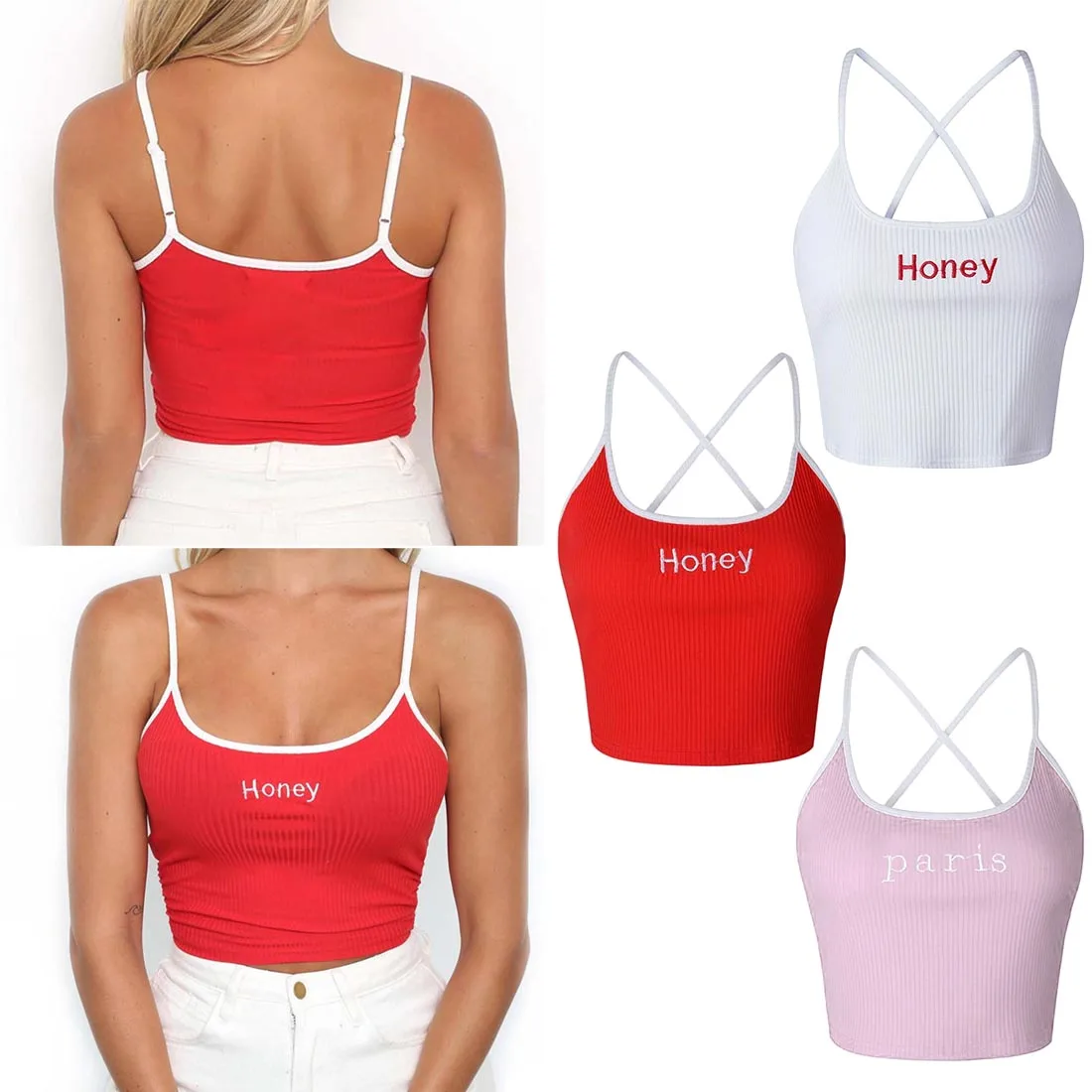 White Red Ladies Short Tight Shirt Women Fashion Honey Letter Strap Tank Tops 2018 Female Slip Crop Tops Sexy Club Camisoles
White Red Ladies Short Tight Shirt Women Fashion Honey Letter Strap Tank Tops 2018 Female Slip Crop Tops Sexy Club Camisoles