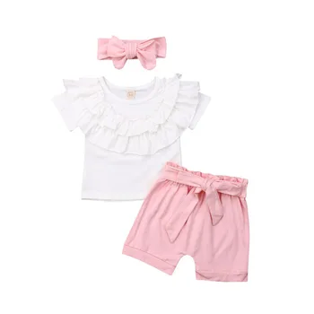 New Kids Baby Girls Summer short sleeve white Ruffle Tee Tops and Bow-knot Pink shorts and Headband Party Outfits
New Kids Baby Girls Summer short sleeve white Ruffle Tee Tops and Bow-knot Pink shorts and Headband Party Outfits