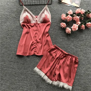 Chaming Lady V-Neck Strap Top&Shorts Home Wear Rayon Satin 2PCS Sleepwear Lace Sexy Pajama Pijama Set Casual Pyjamas Nightwear
Chaming Lady V-Neck Strap Top&Shorts Home Wear Rayon Satin 2PCS Sleepwear Lace Sexy Pajama Pijama Set Casual Pyjamas Nightwear
