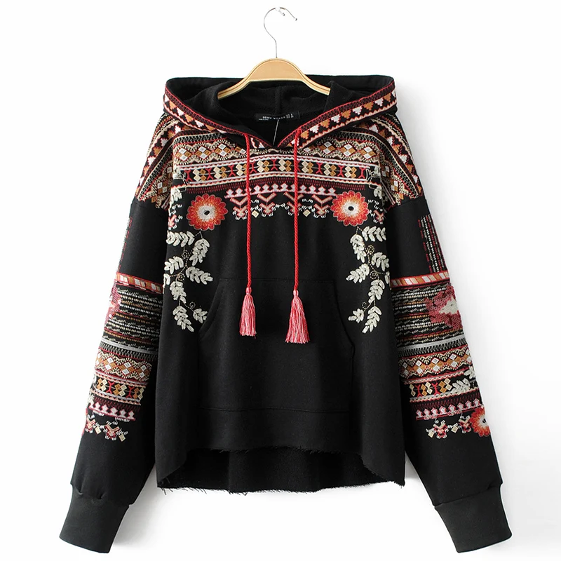 ShejoinSheenjoy Hooded Long Sleeve Loose Hoodies Women Fashion Black Vintage Floral Geometric Embroidery Sweatshirt Pullovers (10)