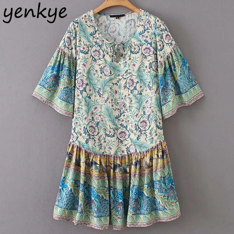 Vintage Women Floral Print Beach Boho Dress Female Lace Up Round Neck Flare Sleeve A-line Summer Dress Mini vestido AAZZ9110
Vintage Women Floral Print Beach Boho Dress Female Lace Up Round Neck Flare Sleeve A-line Summer Dress Mini vestido AAZZ9110