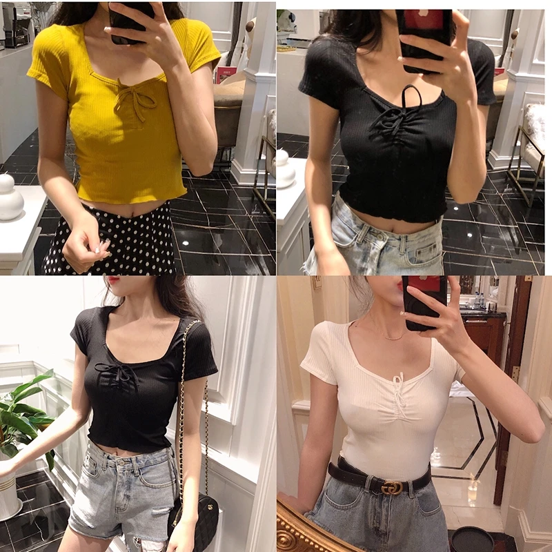 Korean Women Short Sleeve T-shirt Crop Tops Wild Slim Skinny Tie Casual Knitted Shirt
Korean Women Short Sleeve T-shirt Crop Tops Wild Slim Skinny Tie Casual Knitted Shirt