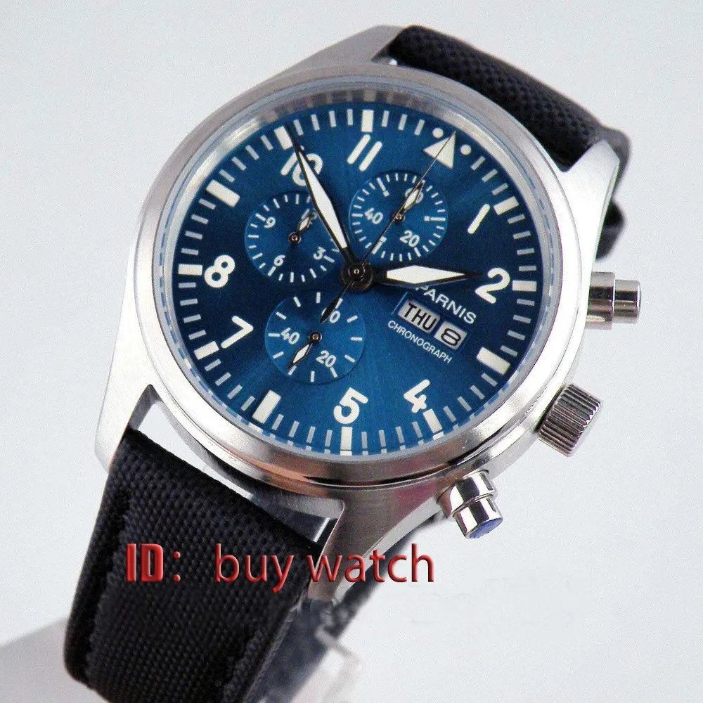 42mm parnis blue dial luminous marks quartz Full chronograph mens womens watch P174 
42mm parnis blue dial luminous marks quartz Full chronograph mens womens watch P174