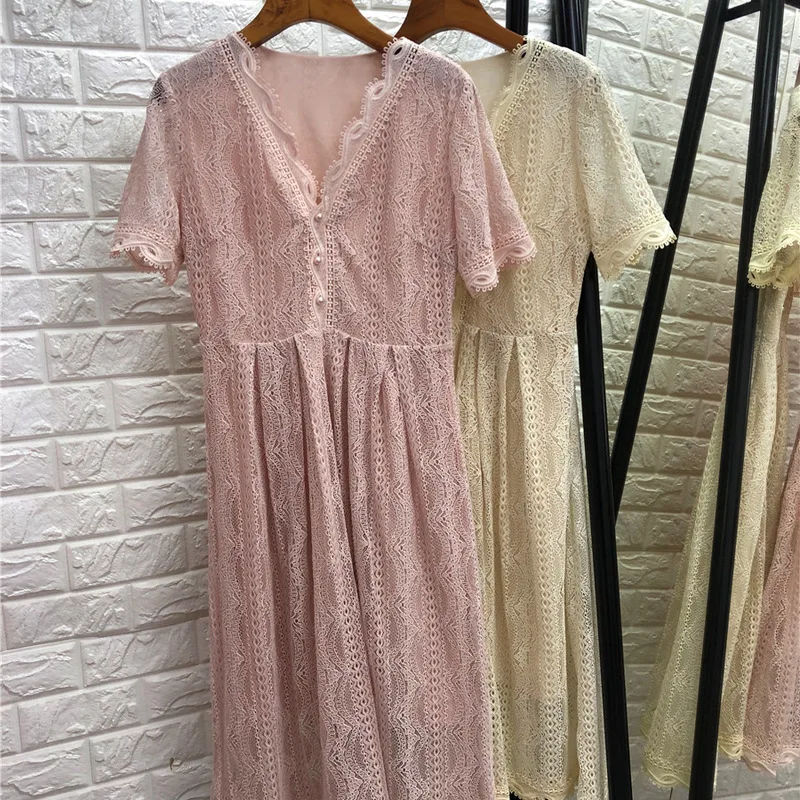 Women elegant pink lace dress V neck short sleeve pearls button front a line summer dresses 2019 beige
Women elegant pink lace dress V neck short sleeve pearls button front a line summer dresses 2019 beige