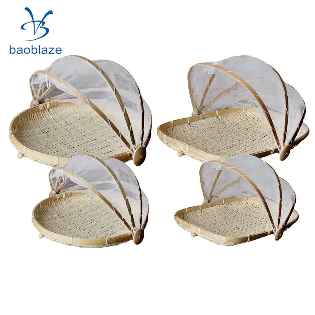 handmade bamboo woven bug proof wicker basket with gauze dust
