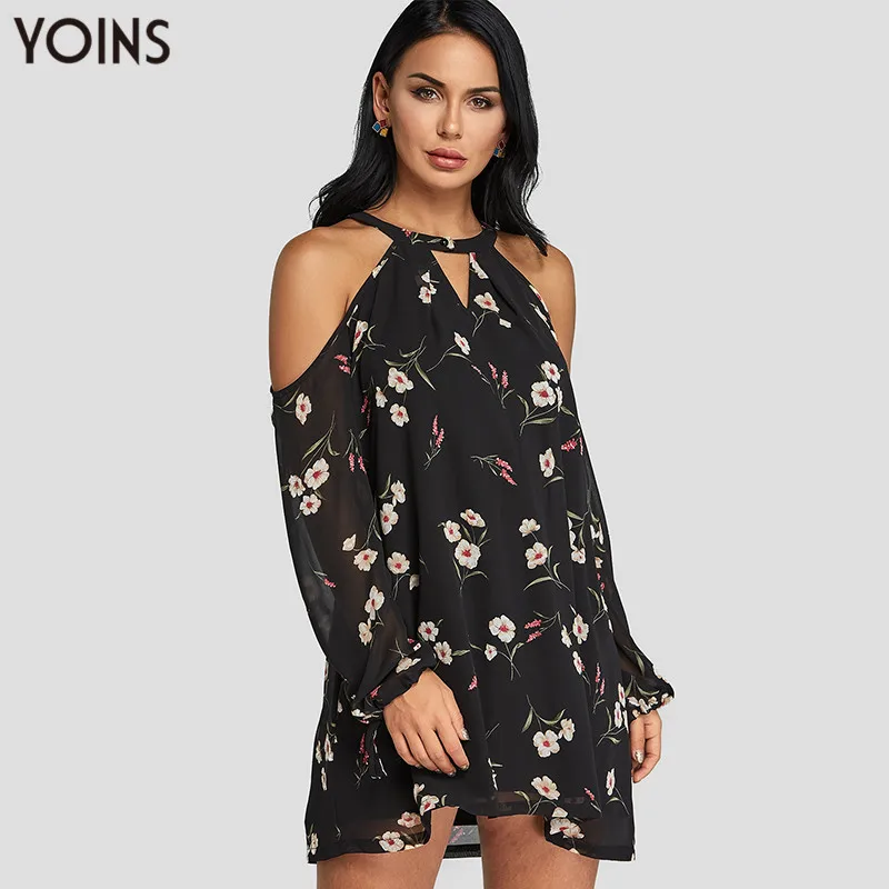

YOINS 2019 Women Dress Summer Autumn Sexy Off Shoulder Vintage Long Sleeve Black Random Floral Mini Dresses Casual Vestidos