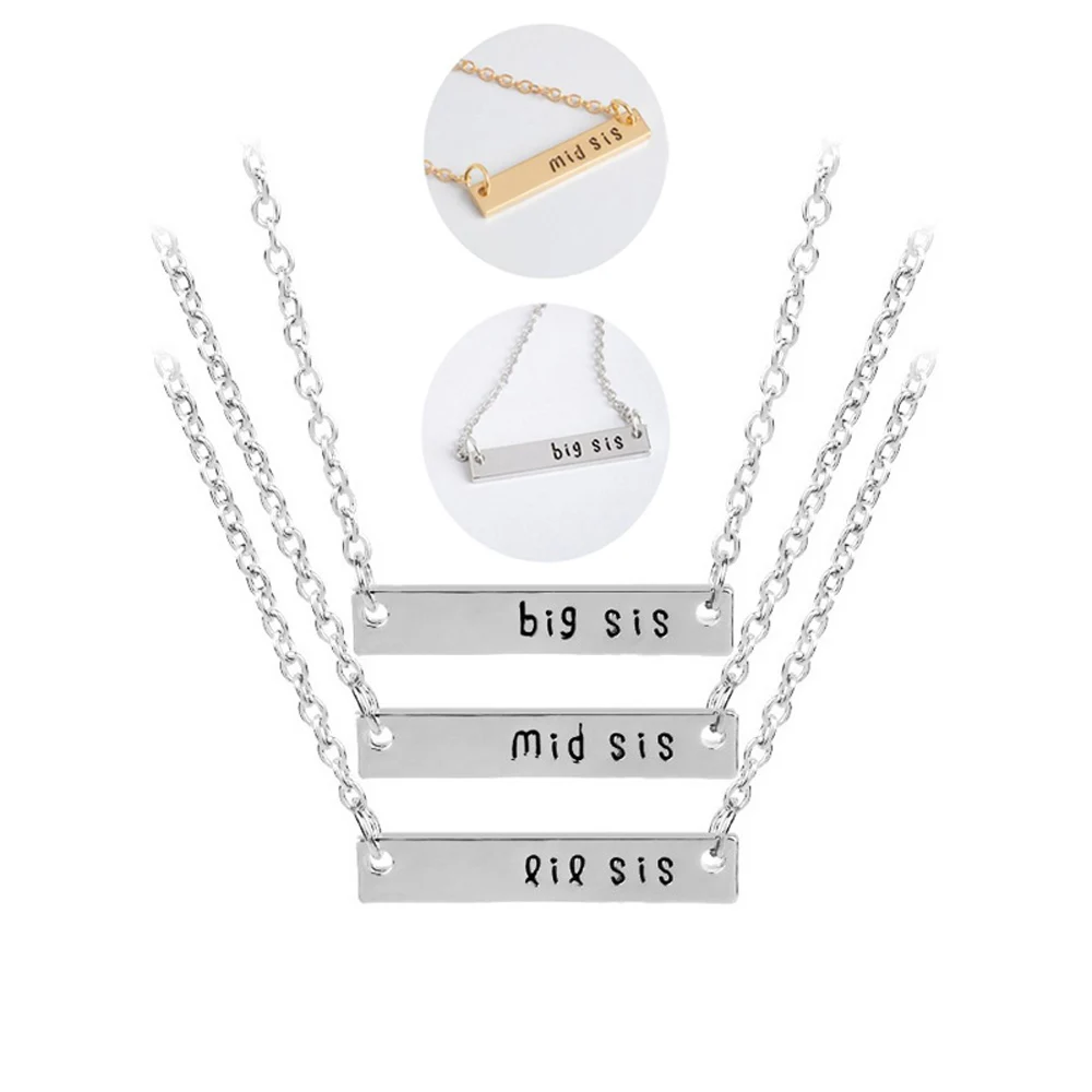 3PCs Silver Gold Big Mid Lil Sis Bar Charm Family Love Girl Sister Best Friends Pendant Necklace Chain Women Friendship Choker
3PCs Silver Gold Big Mid Lil Sis Bar Charm Family Love Girl Sister Best Friends Pendant Necklace Chain Women Friendship Choker