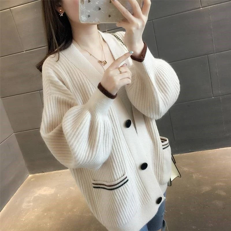 Sweater Cardigan Knitted Coat Autumn Winter New Lantern Sleeve Cardigan Sweater Korea Thick Contrast Color Sweaters Loose Tops
Sweater Cardigan Knitted Coat Autumn Winter New Lantern Sleeve Cardigan Sweater Korea Thick Contrast Color Sweaters Loose Tops