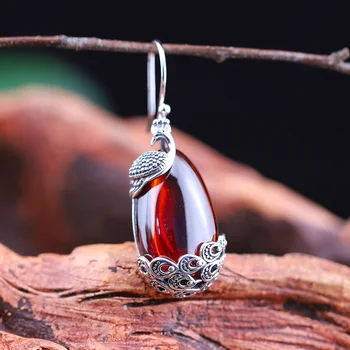 

Real 925 Sterling Silver Earrings Natural Garnet Stone Ethnic Dangling Peacock Earrings For Women Ladies Fine Jewellery