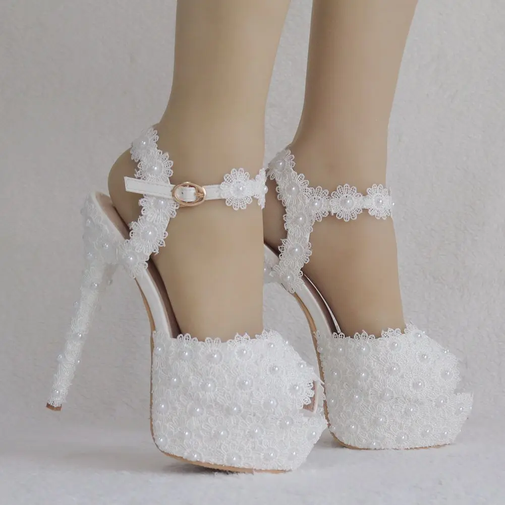 Womens White Flowers Lace Pearls Stilettos Super High Heel Bridal Wedding Sweet Princess Peep Toe Pumps Shoes 14cm Platform A138
Womens White Flowers Lace Pearls Stilettos Super High Heel Bridal Wedding Sweet Princess Peep Toe Pumps Shoes 14cm Platform A138