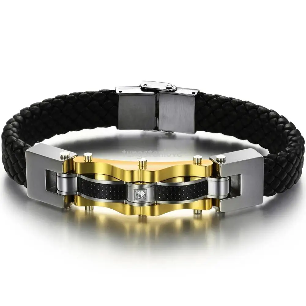 

Mens Jewellery Stainless Steel Gold Color Tone Leather Braided Wristband Bracelet Bangle For Men