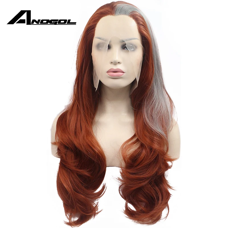 Anogol Synthetic Lace Front Wig Body Wave Grey Ombre Orange Glueless Heat Resistant Fiber Natural Hairlines Hair Wigs For Women | Шиньоны и