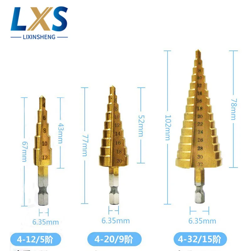 3pc Hss Titanium Coated Step Cone Metal Hole Cutter 4-12/20/32mm Metal Hex Tapered Drill Bit Set for Woodworking Wood
3pc Hss Titanium Coated Step Cone Metal Hole Cutter 4-12/20/32mm Metal Hex Tapered Drill Bit Set for Woodworking Wood