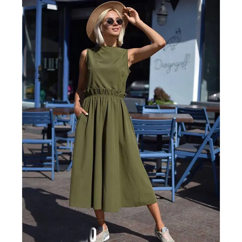 Mid-long Solid O-neck Slim A-line Tank Dress Casual Vintage Sleeveless Ruffles Dresses Summer Ladies Fashion Elegant Dress 2019
Mid-long Solid O-neck Slim A-line Tank Dress Casual Vintage Sleeveless Ruffles Dresses Summer Ladies Fashion Elegant Dress 2019