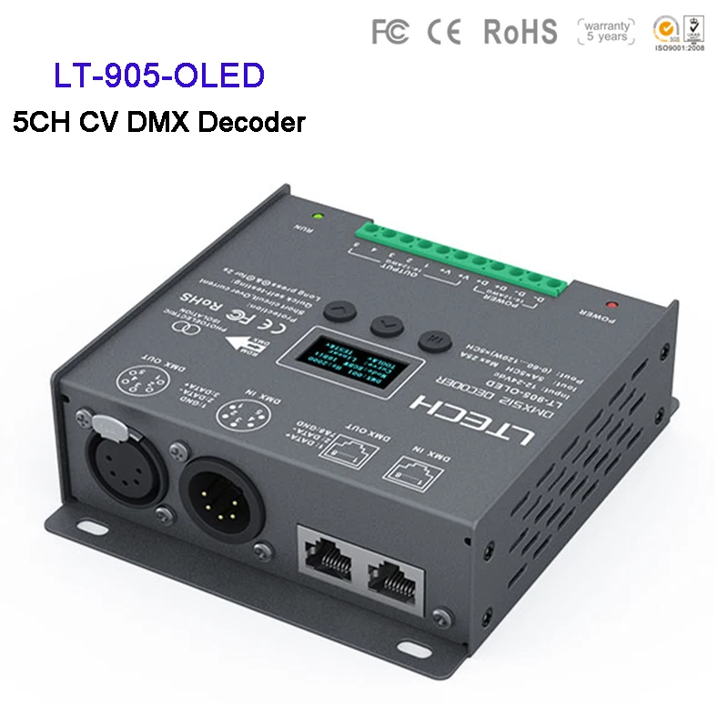 LTECH 5CH CV DMX Decoder LT-905-OLED DC12-24V 5A*5CH 600W led Controller for single color /CT/RGB/RGBW/RGBWY LED light lamp
LTECH 5CH CV DMX Decoder LT-905-OLED DC12-24V 5A*5CH 600W led Controller for single color /CT/RGB/RGBW/RGBWY LED light lamp