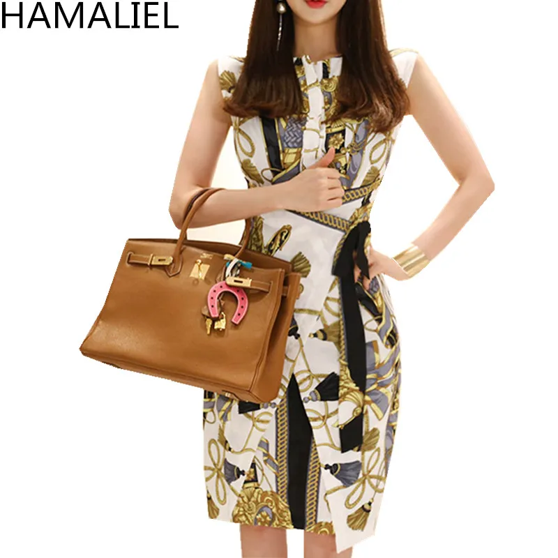 HAMALIEL Summer Korean Sleeveless Tie Bow Office OL Dress 2018 Fashion Women Printing Bodycon Slim Sheath Work O Neck Dress 
HAMALIEL Summer Korean Sleeveless Tie Bow Office OL Dress 2018 Fashion Women Printing Bodycon Slim Sheath Work O Neck Dress