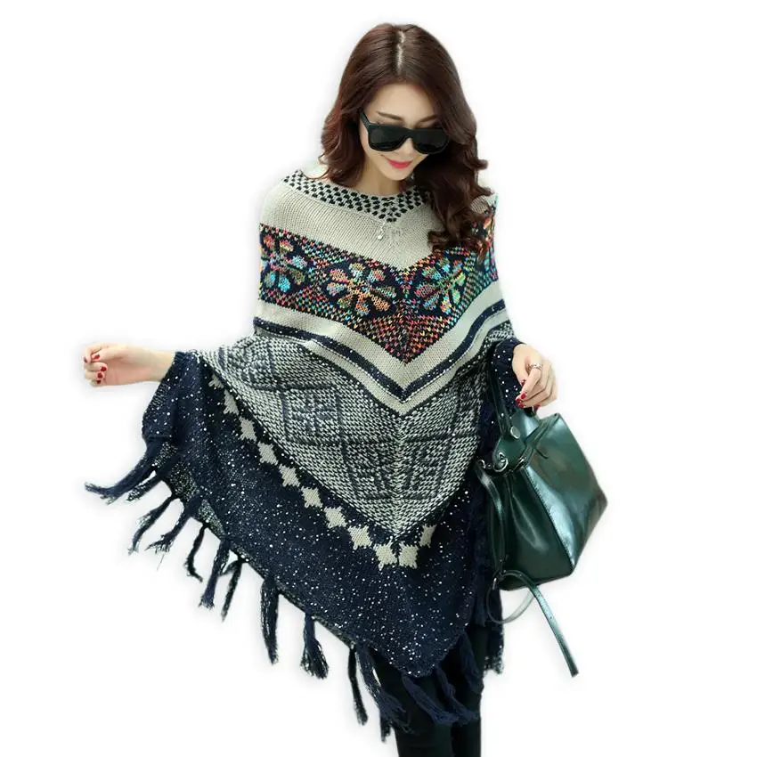Ethnic Vintage Geometric Print Batwing Sleeve Long Poncho Womens Capes And Ponchoes 2016 Autumn Winter Pullover With Tassel | Женская