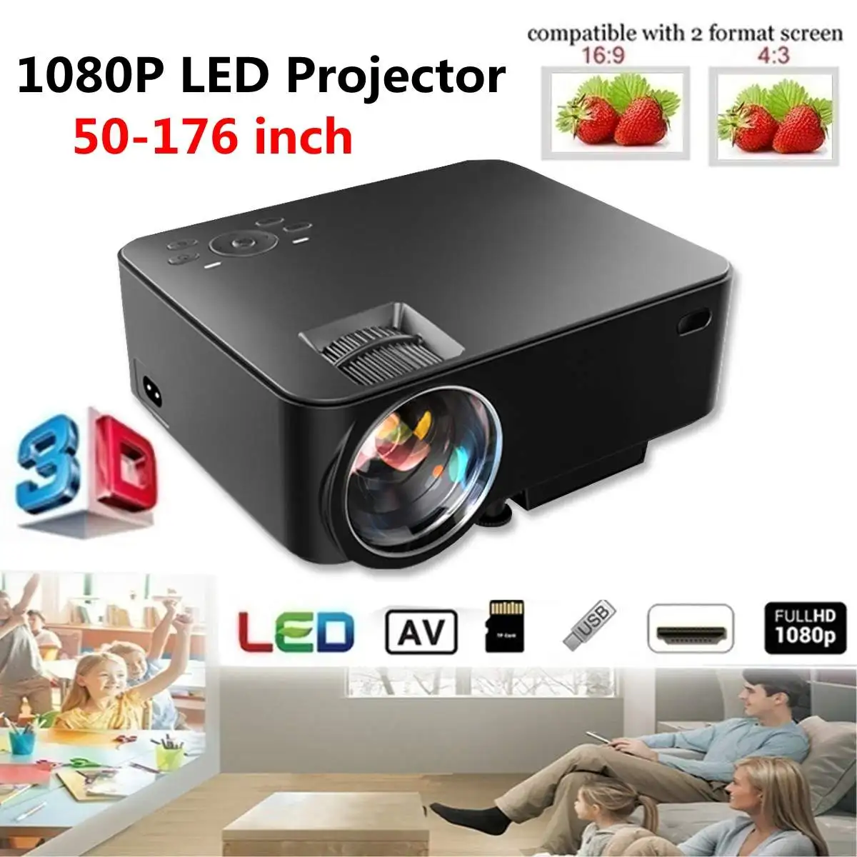 

7000Lumens 1080P Full HD LED Portable Projector Home Theater Cinema Multimedia AV VGA USB with Remote Control