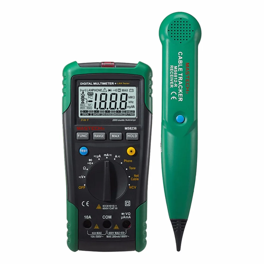 MASTECH MS8236 Digital Multimeter Netwoek Cable Tester Net Cable Tracker Tone Telephone line Check Non-contact Voltage Detect
MASTECH MS8236 Digital Multimeter Netwoek Cable Tester Net Cable Tracker Tone Telephone line Check Non-contact Voltage Detect