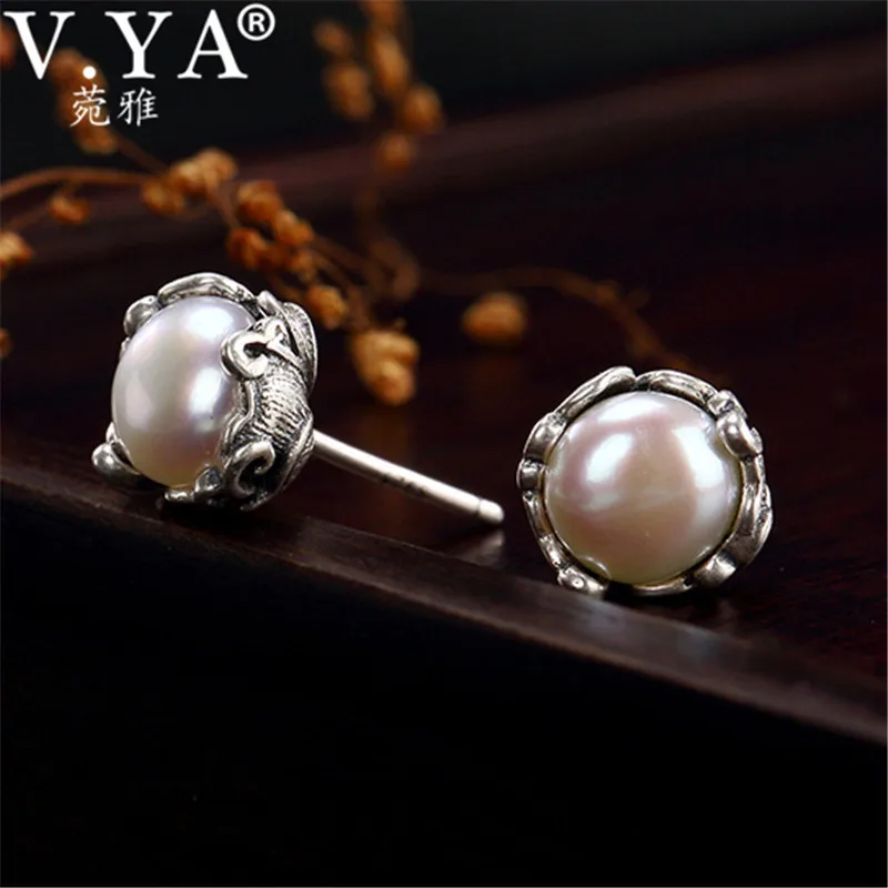 

V.YA Natural Freshwater Pearl Earrings Women Earrings Studs Flower 925 Sterling Silver Jewelry Ladies bijoux Gifts