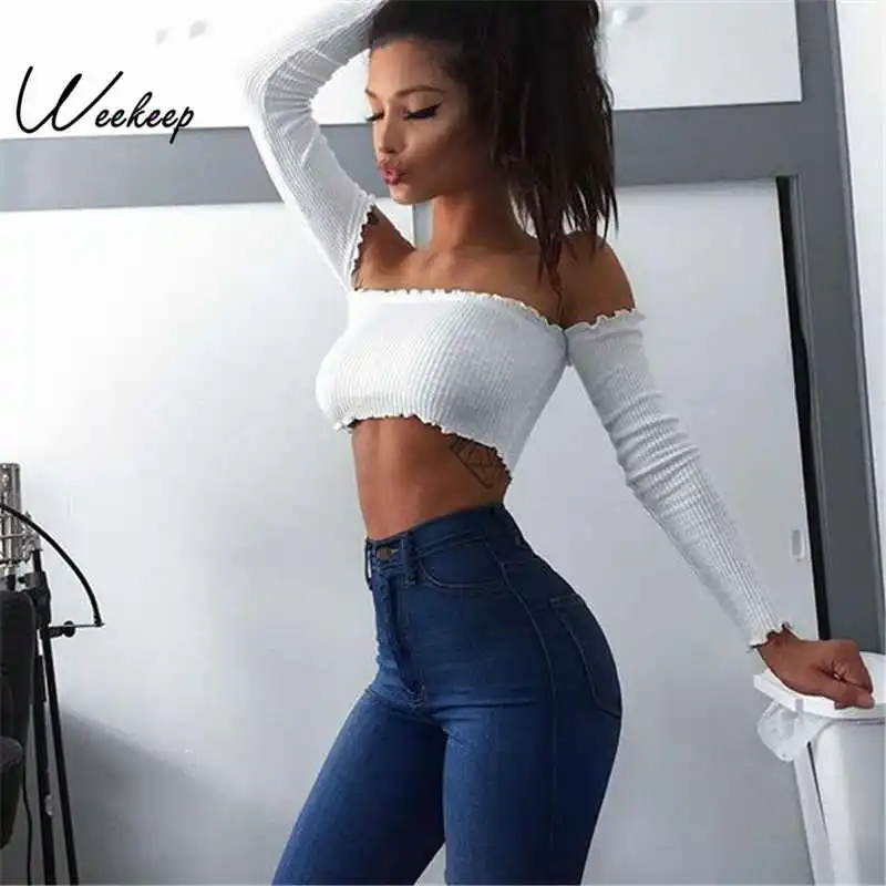 Weekeep Slash Neck Long Sleeve t shirt Women Cropped High Street tshirt Women 2019 Sexy Bodycon Crop Top Tee Shirt Femme
Weekeep Slash Neck Long Sleeve t shirt Women Cropped High Street tshirt Women 2019 Sexy Bodycon Crop Top Tee Shirt Femme