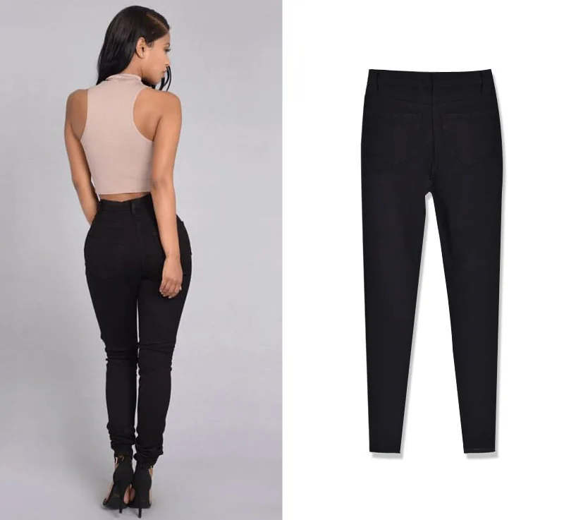 Women's personality hot style high-waisted stretch shows thin irregular broken pocket with large size denim trousers (8)