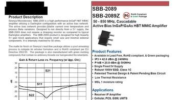SBB-2089Z SBB2089Z SBB-2089 50 - 850 MHz, Cascadable Active Bias InGaP/GaAs HBT MMIC Amplifier
SBB-2089Z SBB2089Z SBB-2089 50 - 850 MHz, Cascadable Active Bias InGaP/GaAs HBT MMIC Amplifier