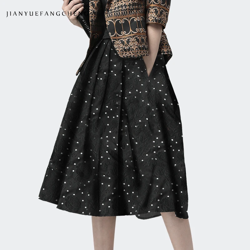 

Fashion Black Jacquard Polka Dots Skirt Womens High Waist A Line Belt Lace-up Plus Size 4XL Female Office Midi Skirt Jupe Femme