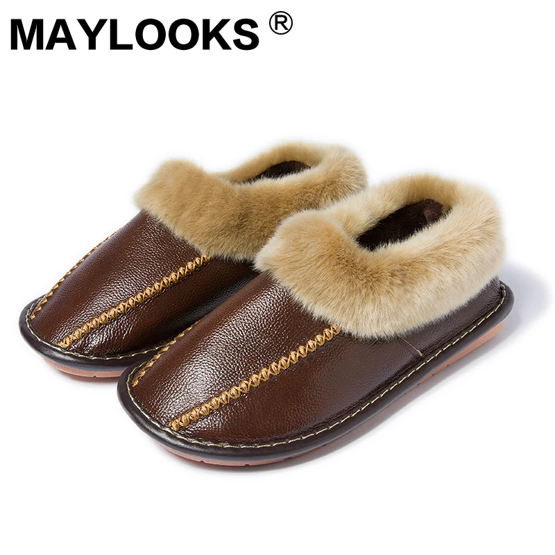 

Men's slippers comfortable leather slippers plush lining home shoes non-slip bedroom slippers HN03
