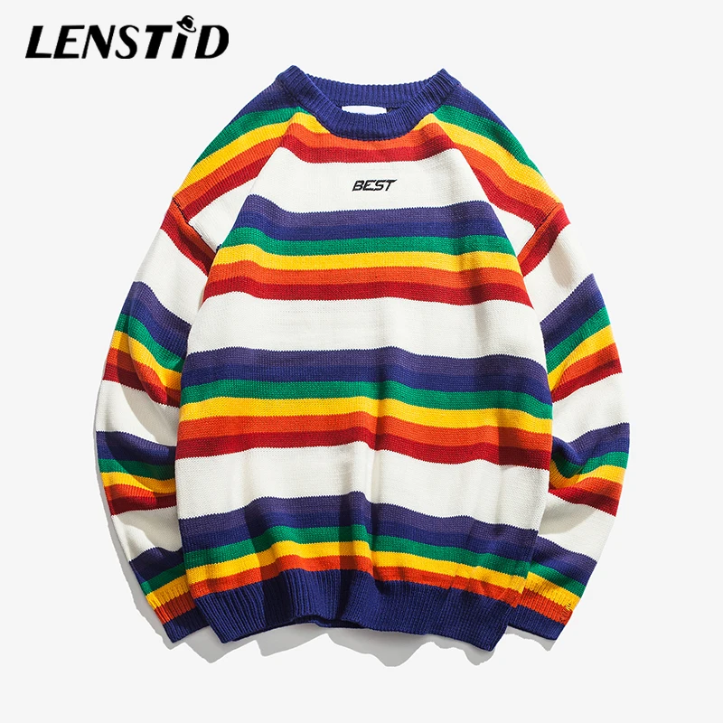 LENSTID 2019 Autumn High Street Rainbow Striped Sweater Streetwear Men Hip Hop Knitted Sweater Pullover Checkered Harajuku Tops
LENSTID 2019 Autumn High Street Rainbow Striped Sweater Streetwear Men Hip Hop Knitted Sweater Pullover Checkered Harajuku Tops
