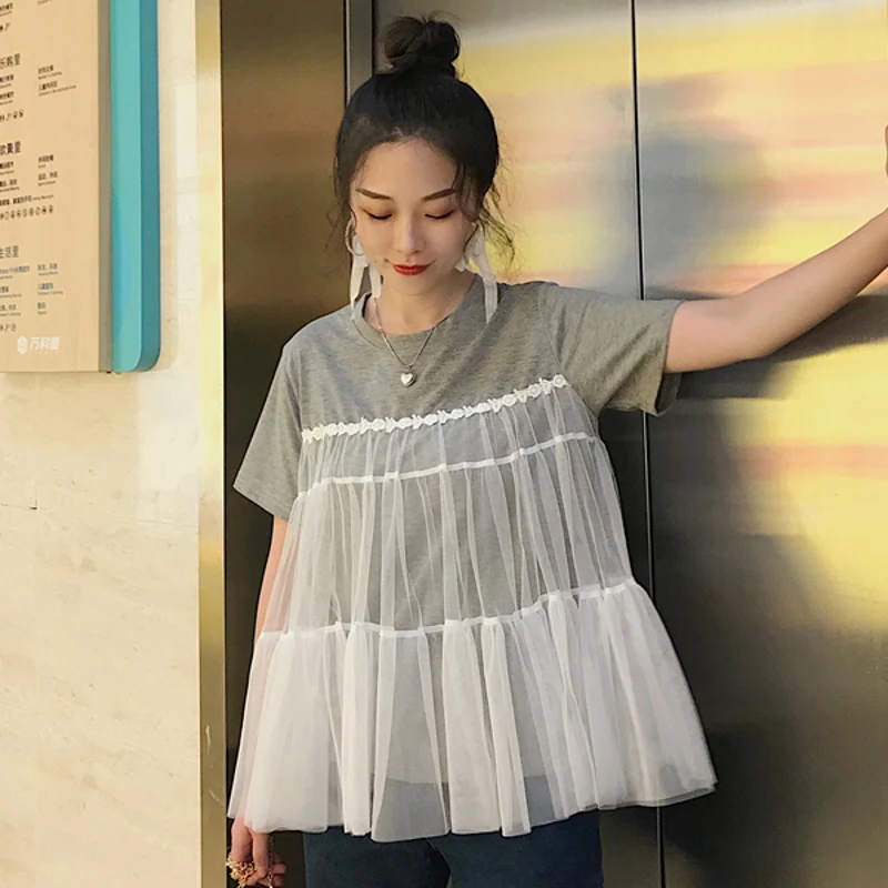 2019 Spring and Summer Cotton and Lace Casual T-shirts Loose Fake Two Doll T-Shirt Net Yarn Splice Short-sleeve T-shirt
2019 Spring and Summer Cotton and Lace Casual T-shirts Loose Fake Two Doll T-Shirt Net Yarn Splice Short-sleeve T-shirt