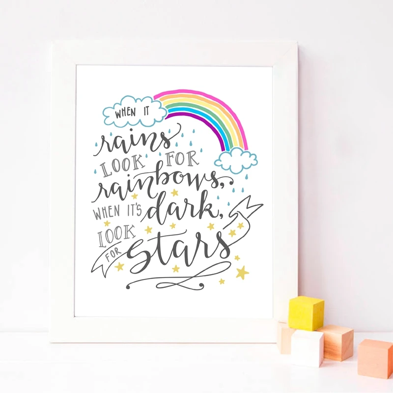 Rainbow Wall Art Canvas Poster Prints When It Rains Look For Rainbows Hand Lettered DIY Painting Cartoon Pictures Nursery Decor
Rainbow Wall Art Canvas Poster Prints When It Rains Look For Rainbows Hand Lettered DIY Painting Cartoon Pictures Nursery Decor